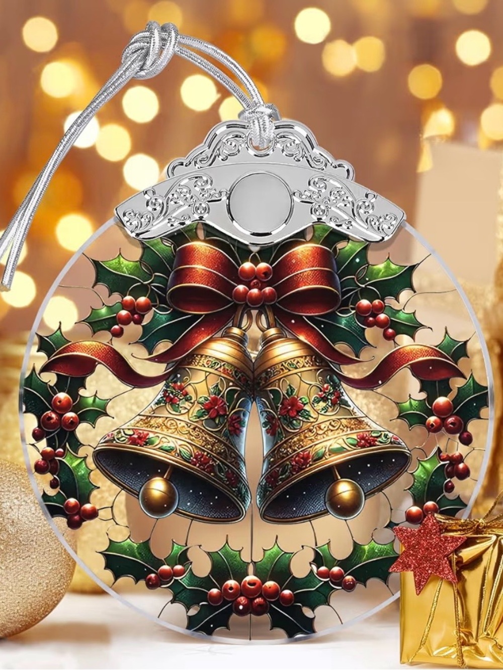 Festive Gold Bell Ornament with Green Holly and Red Bow